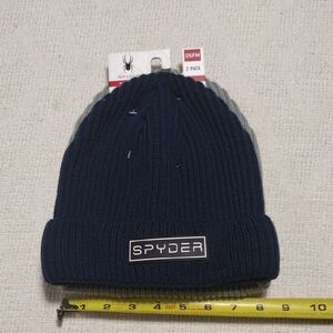 NWT Spyder Mens 2 Pack Navy Blue/Pewter Beanies Winter